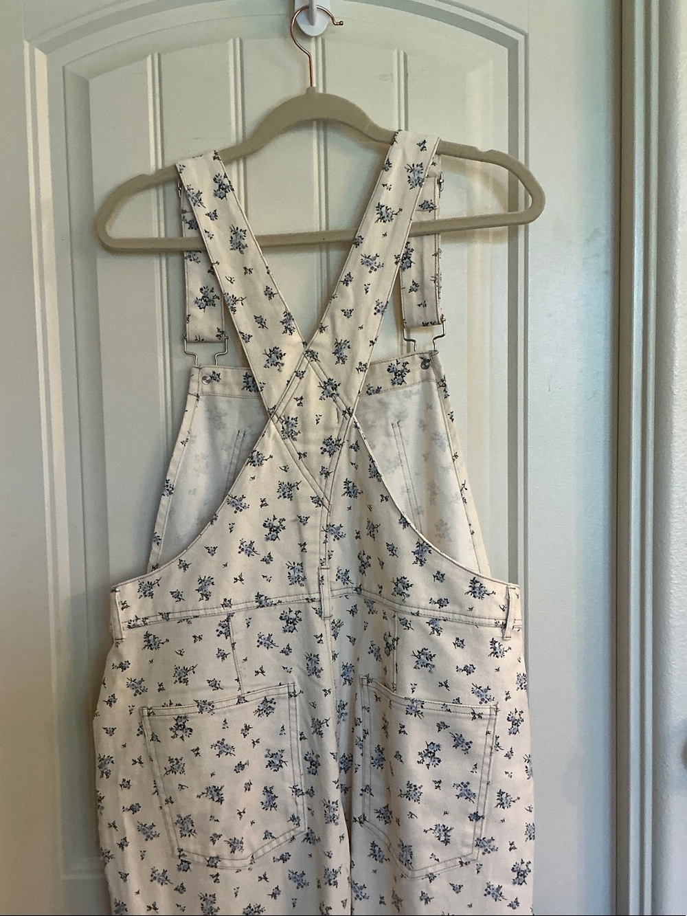 J.O.A. Cream Floral Print Overall Jumpsuit with Blue Accents - Picture 2 of 3